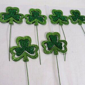 Glittered Shamrock (6) twirling wood & metal picks St Patrick Green Floral Picks